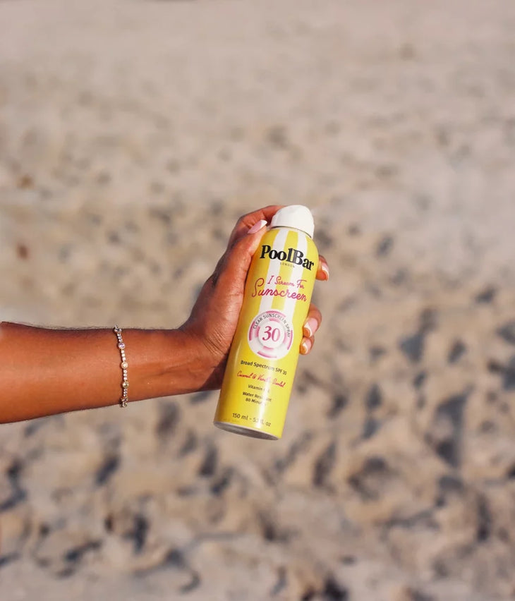 I Scream For Sunscreen SPF 30 spray bottle with yellow and white striped design — PoolBar London | Endless UAE