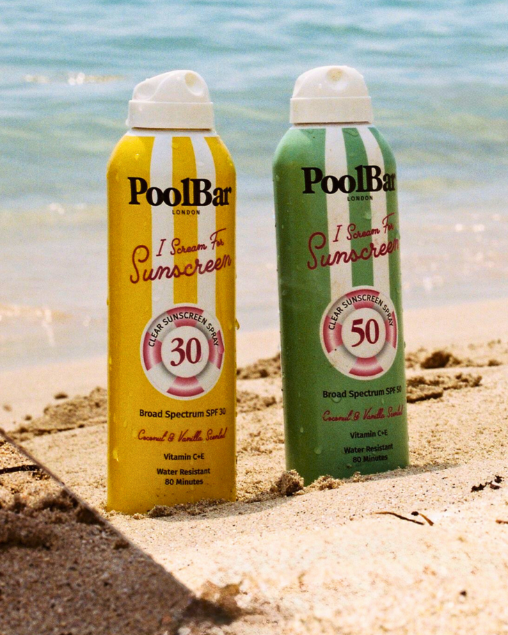 I Scream For Sunscreen SPF 30 spray bottle with yellow and white striped design — PoolBar London | Endless UAE