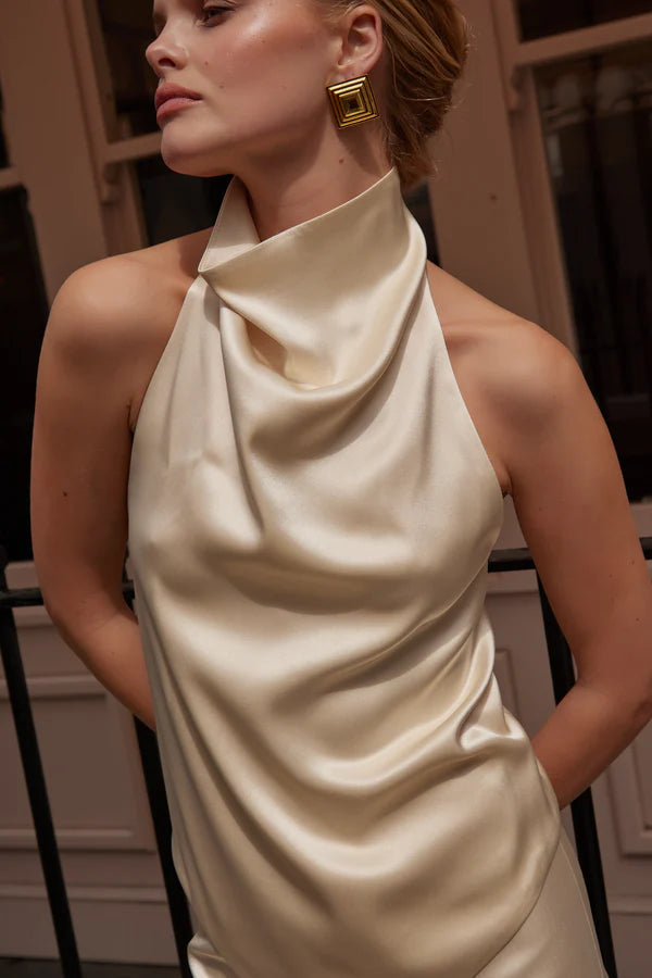 Cream halter neck sleeveless top with draped neckline — By Keara | Endless UAE