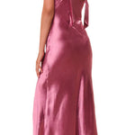 Woman wearing pink satin maxi dress with cowl neckline and side slit — LoveShackFancy | Endless UAE