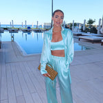 Turquoise tie-up shirt styled as crop top with matching shorts — By Keara | Endless UAE