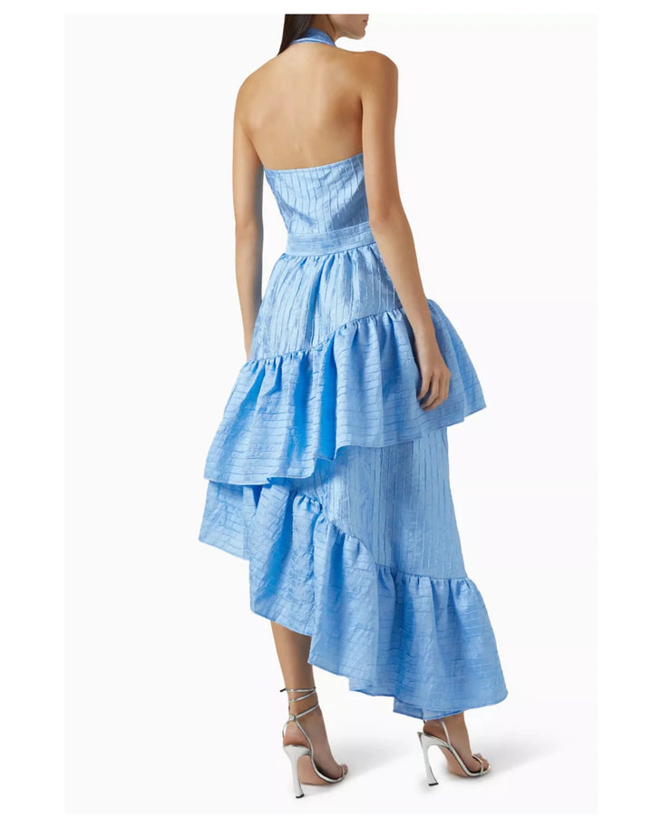 Blue bow halter layered-skirt midi dress with asymmetrical hemline — Poca & Poca | Endless UAE