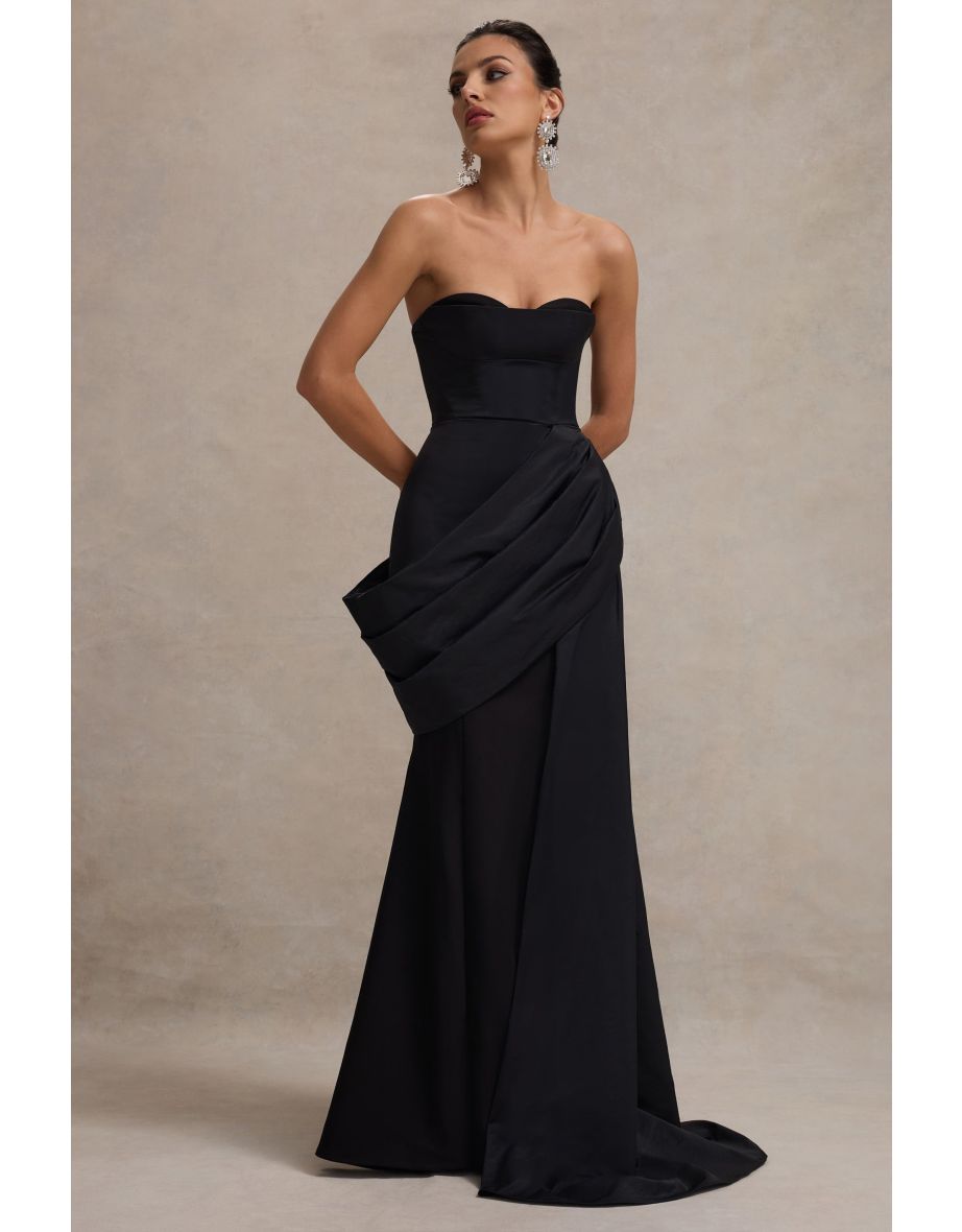 Black strapless corset maxi dress with dramatic draped side detail and sweetheart neckline — Club L London | Endless UAE