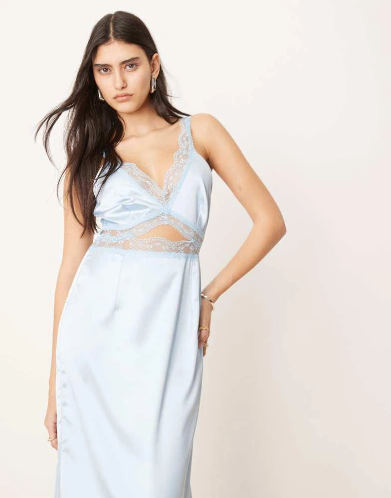 Light blue lace cut-out slip midaxi dress with V-neckline — Never Fully Dressed | Endless UAE