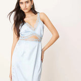 Light blue lace cut-out slip midaxi dress with V-neckline — Never Fully Dressed | Endless UAE