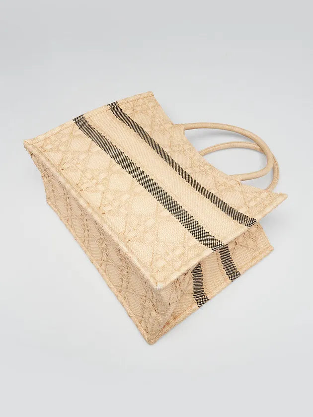 Natural woven straw tote bag with black striped detail and quilted cannage pattern with dual handles — Dior | Endless UAE