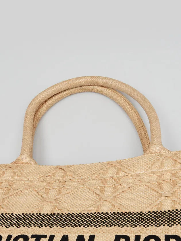 Natural woven straw tote bag with cannage quilted pattern and black checkered trim detail — Dior | Endless UAE