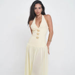 Elegant pale yellow halter maxi dress with starfish embellishments and plunging neckline — Vivienne Collection | Endless UAE