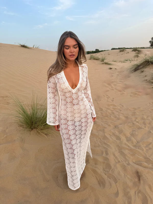 Aurora Dress in white lace worn in desert setting — Deme Studio | Endless UAE