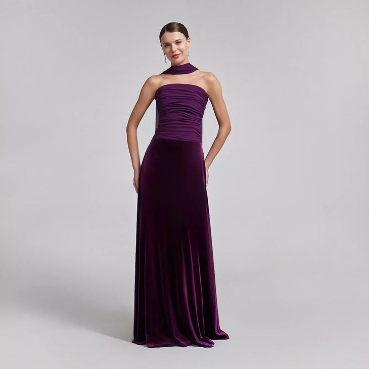 Woman wearing purple velvet strapless gown with draped chiffon scarf — Aleena | Endless UAE