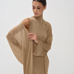 Elegant gold shimmer dress set with mock neck top and flowing wide-leg pants with draped sleeves — Nora The Label | Endless UAE
