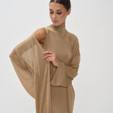 Elegant gold shimmer dress set with mock neck top and flowing wide-leg pants with draped sleeves — Nora The Label | Endless UAE