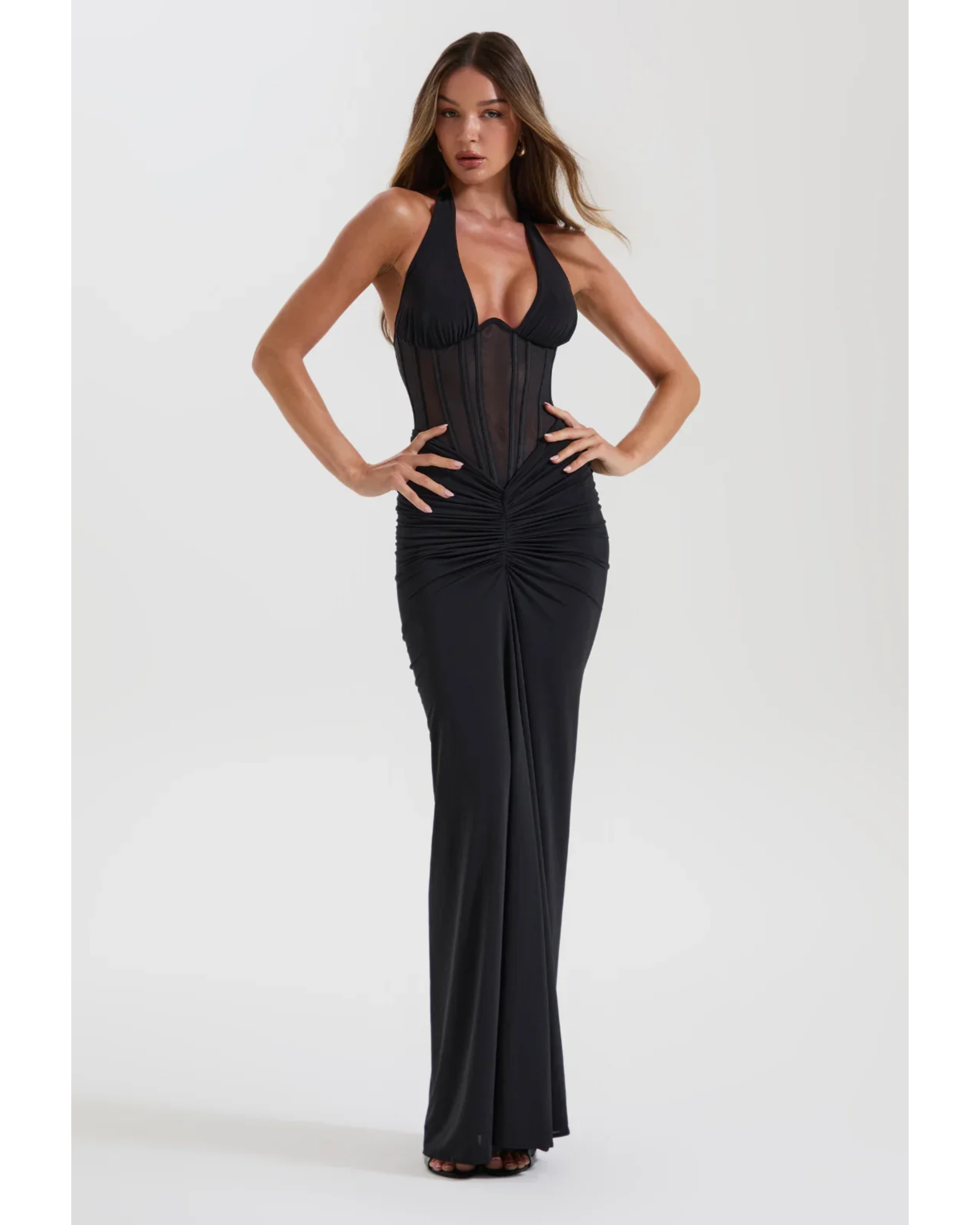 Black halter maxi dress with sheer bodice and ruched detail — Sydney Lane | Endless UAE