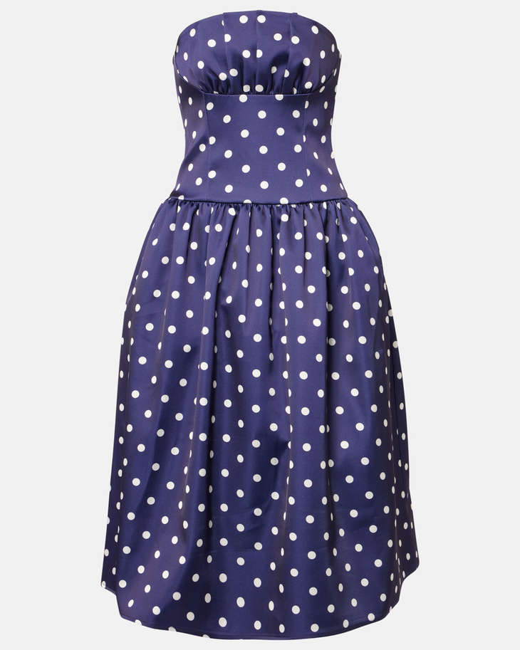 Navy polka-dot strapless cocktail dress with full skirt — Self-Portrait | Endless UAE
