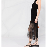Black sleeveless midi dress with fringe hem detail — Sandro | Endless UAE