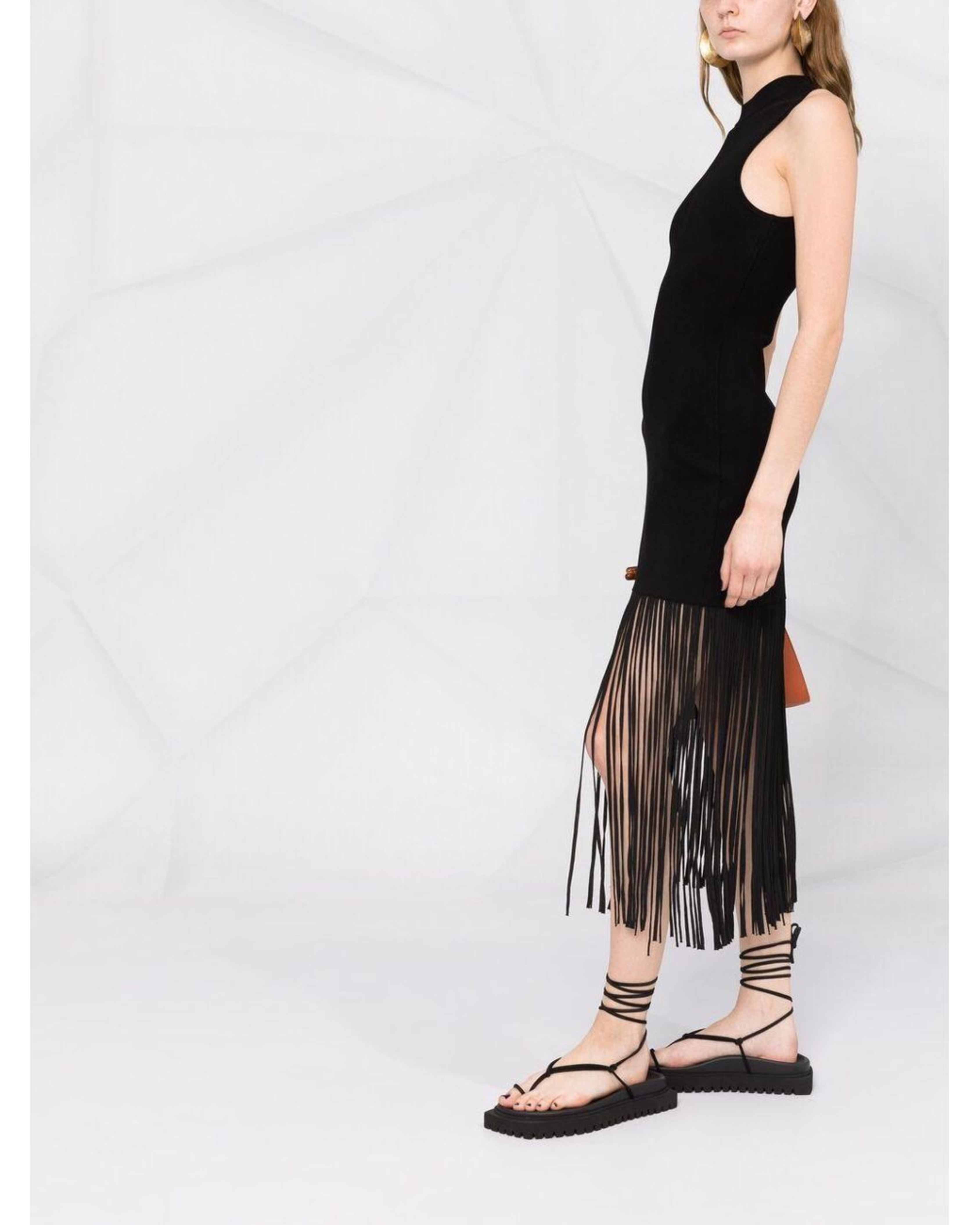 Black sleeveless midi dress with fringe hem detail — Sandro | Endless UAE