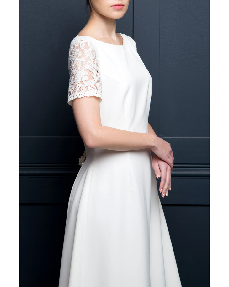 A-line wedding dress with lace sleeves and flowing train — Dressarte Paris | Endless UAE