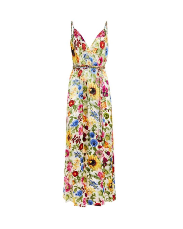 Woman wearing a colorful floral faux wrap maxi dress with sunflowers and pink flowers — Alice & Olivia | Endless UAE