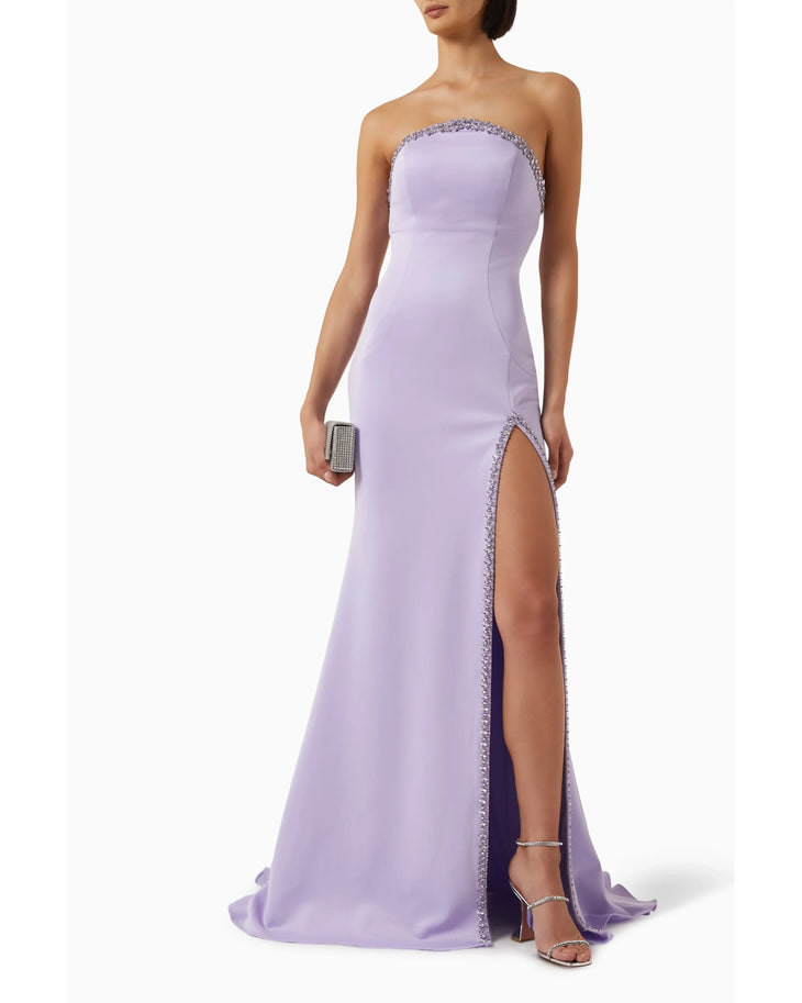 Lavender strapless gown with beaded trim and high slit, elegant evening dress — Jovani | Endless UAE
