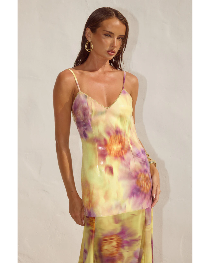 Tulia Low Back Maxi Dress in yellow and purple tie-dye print — Runaway The Label | Endless UAE