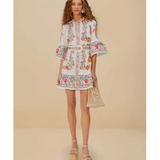 Floral embroidered off-white mini dress with bell sleeves and tiered ruffle hem — Farm Rio | Endless UAE
