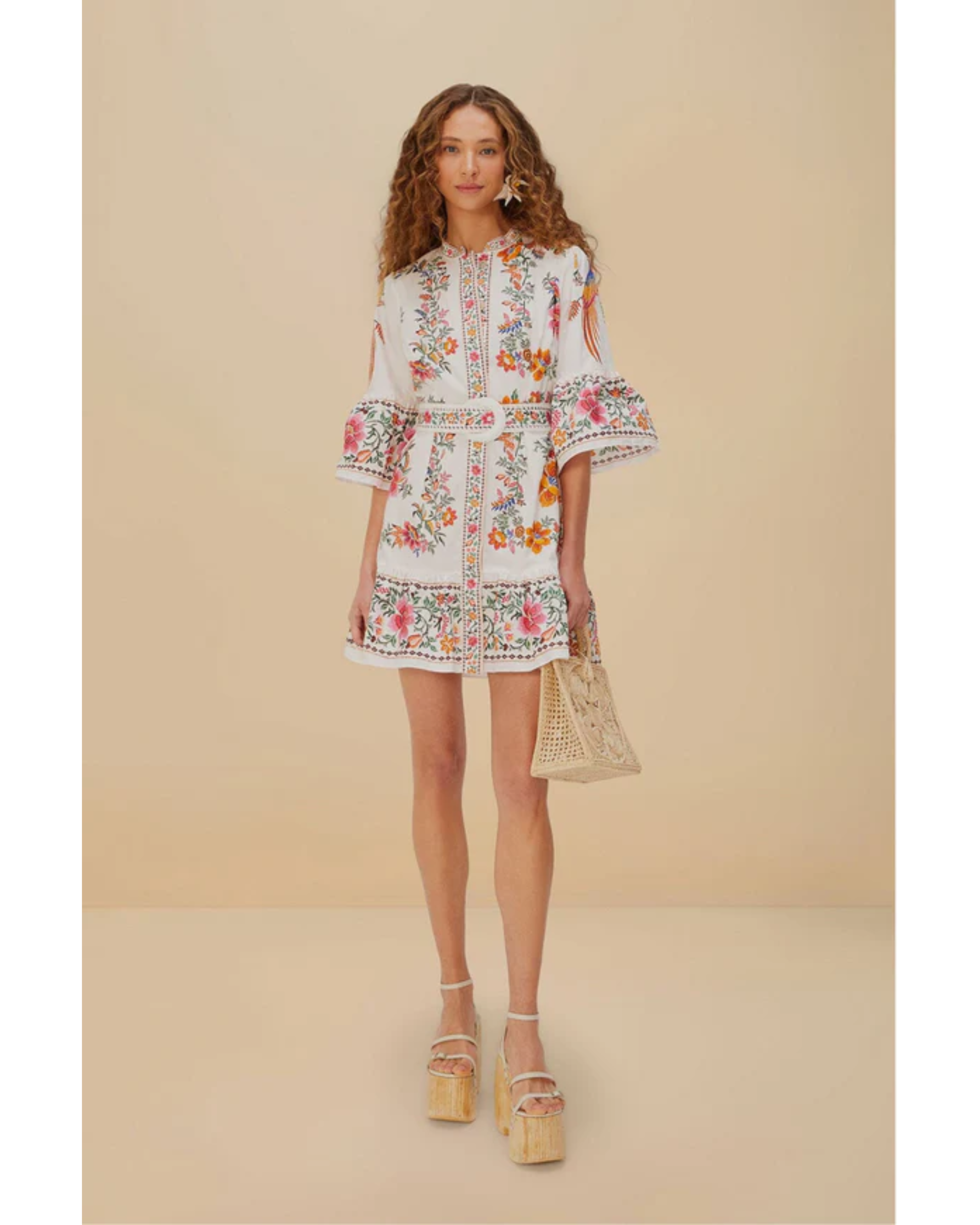 Floral embroidered off-white mini dress with bell sleeves and tiered ruffle hem — Farm Rio | Endless UAE