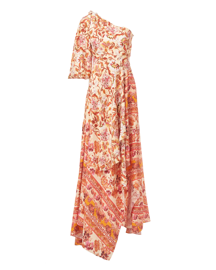 Piper Dress in coral floral print with one-shoulder neckline and flowing maxi silhouette — Amur | Endless UAE