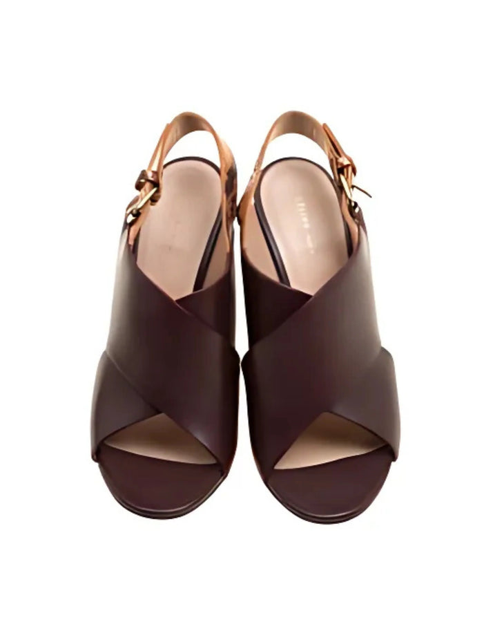 Brown leather and python slingback wedge sandals with buckle closure — Celine | Endless UAE