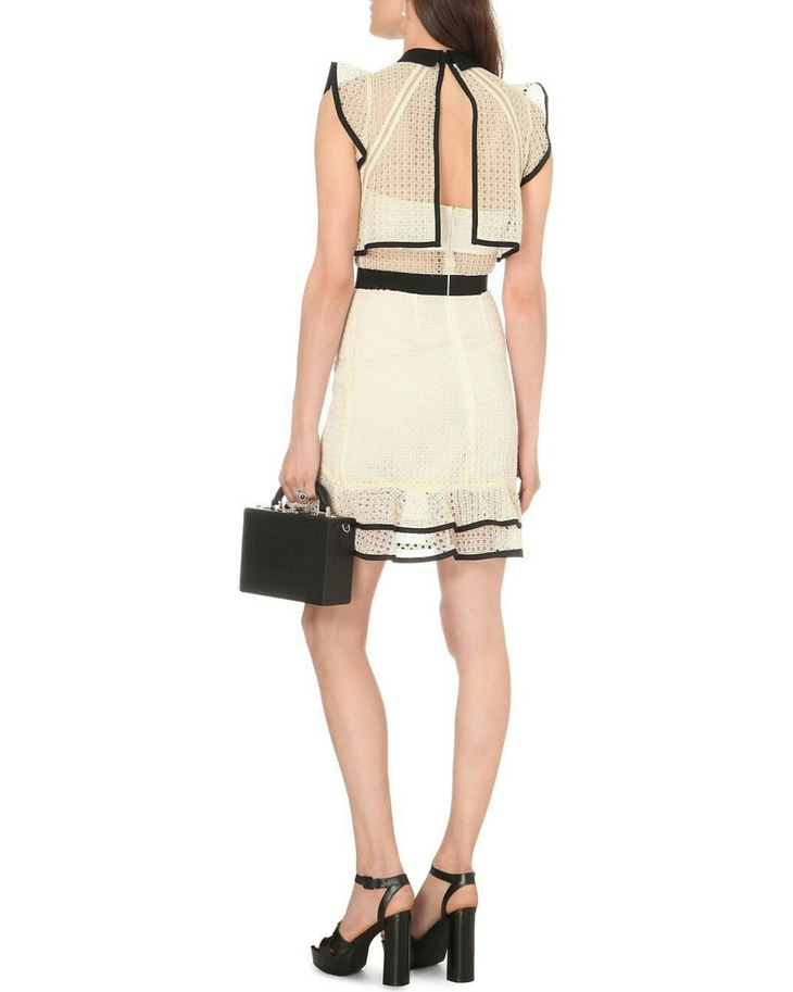 Cream textured sleeveless dress with black contrast trim and flounced hem — Self-Portrait | Endless UAE