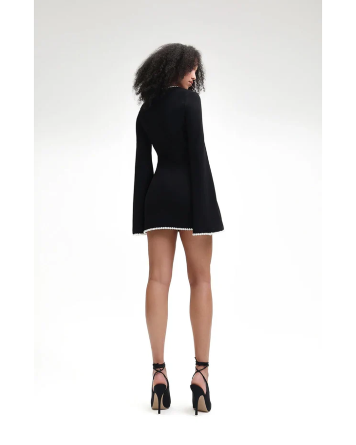 Black V-neck mini dress with pearl trim and bell sleeves — Khanum's | Endless UAE