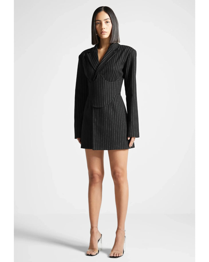 Black pinstripe blazer dress with reversible leather corset belt — Manière De Voir | Endless UAE