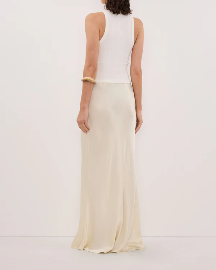 Charli Satin Maxi Skirt in cream worn with matching top — Dissh | Endless UAE
