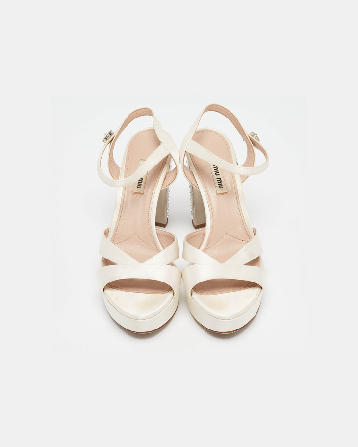 Cream satin platform sandals with crystal-embellished heel — Miu Miu | Endless UAE