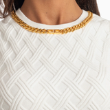 White knit crop top with diamond pattern and gold chain neckline — Elisabetta Franchi | Endless UAE