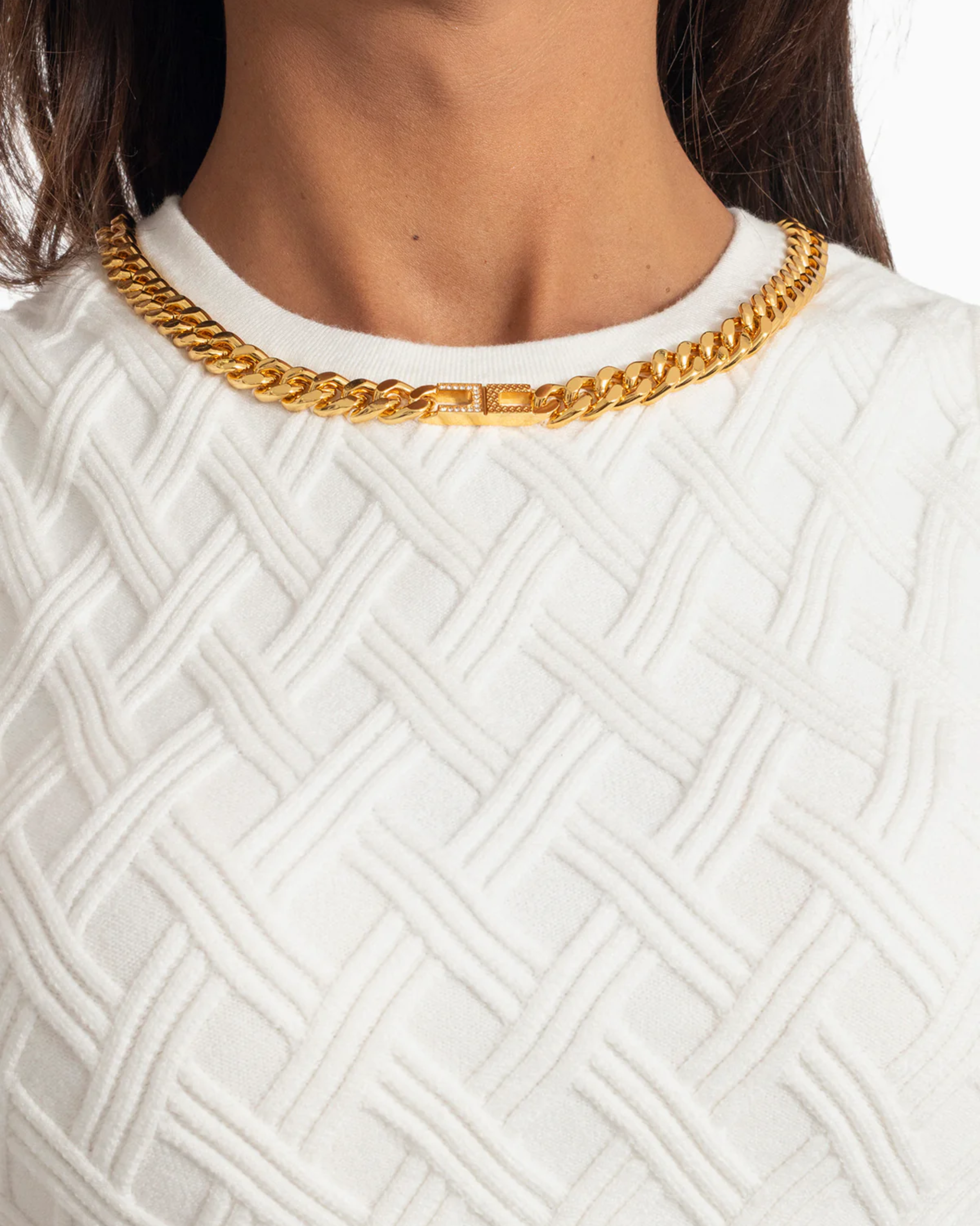 White knit crop top with diamond pattern and gold chain neckline — Elisabetta Franchi | Endless UAE