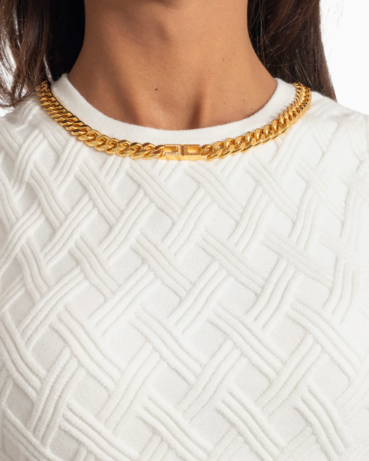 White knit crop top with diamond pattern and gold chain neckline — Elisabetta Franchi | Endless UAE