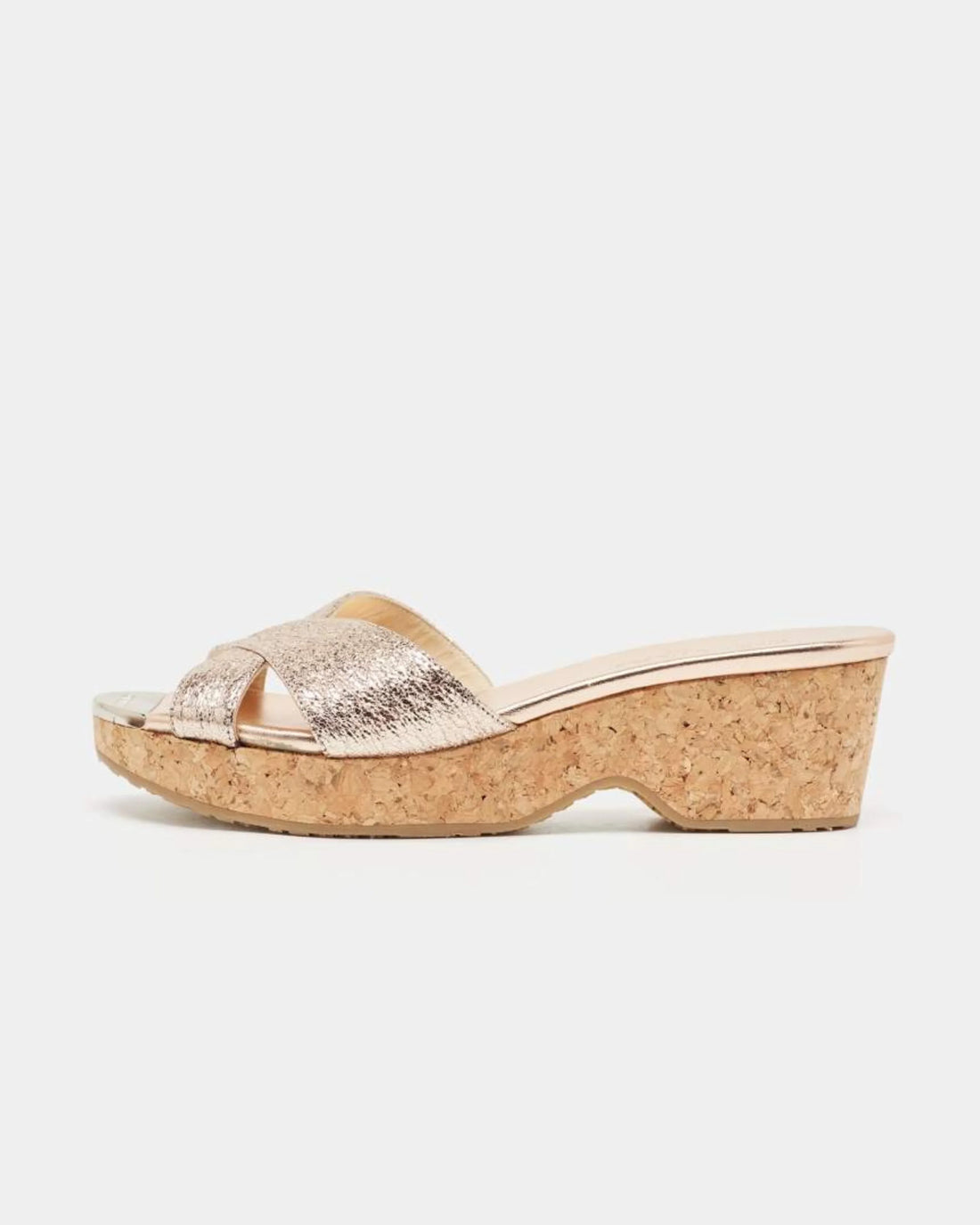 Gold textured leather platform slide sandal with cork wedge heel — Jimmy Choo | Endless UAE