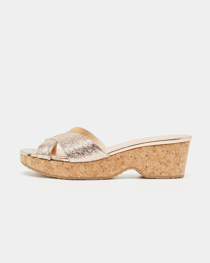 Gold textured leather platform slide sandal with cork wedge heel — Jimmy Choo | Endless UAE