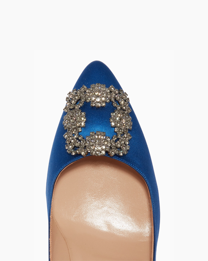 Blue satin pointed-toe pumps with crystal-embellished square buckle detail on toe — Manolo Blahnik | Endless UAE