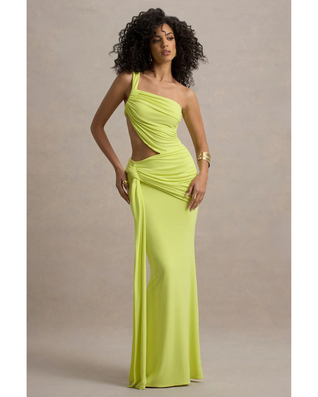 Neon yellow asymmetric maxi dress with one-shoulder neckline and wrap skirt detail — Club L London | Endless UAE