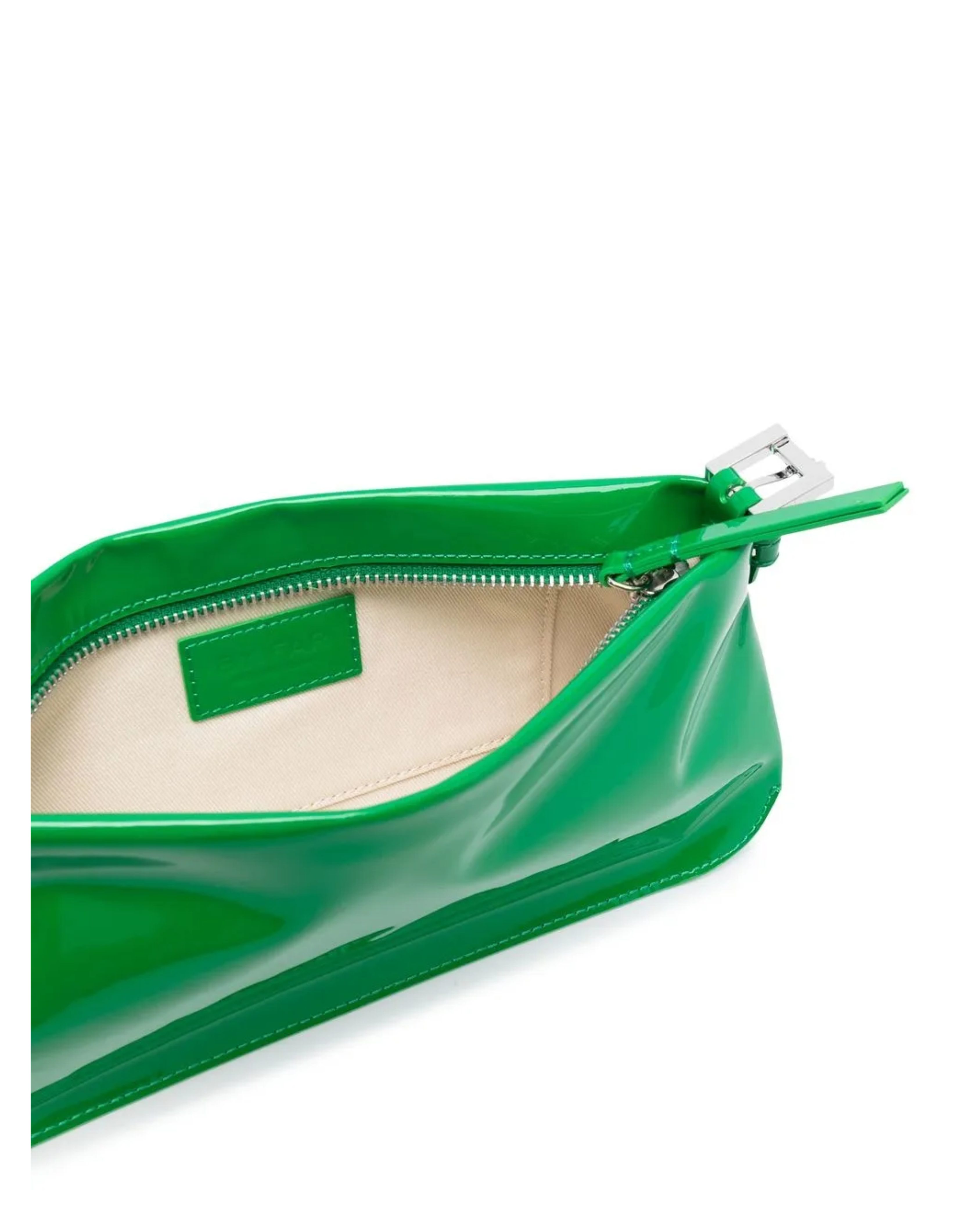 Dulce Patent Leather Shoulder Bag in vibrant green, held up against neutral background — By Far | Endless UAE