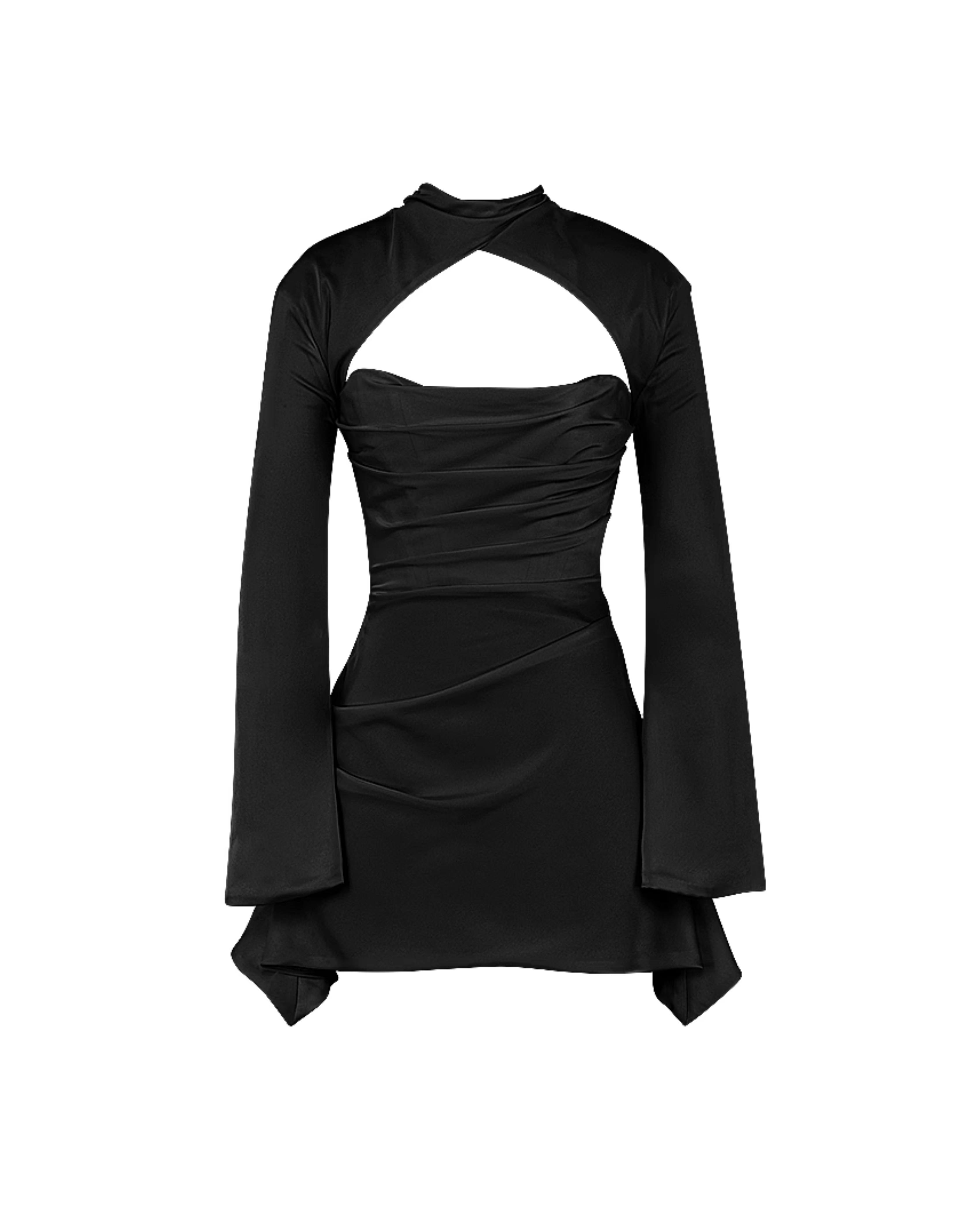 Black draped corset dress with long sleeves and cutout detail — House of CB | Endless UAE