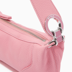 Pink leather mini shoulder bag with dual handles displayed against neutral background — By Far | Endless UAE