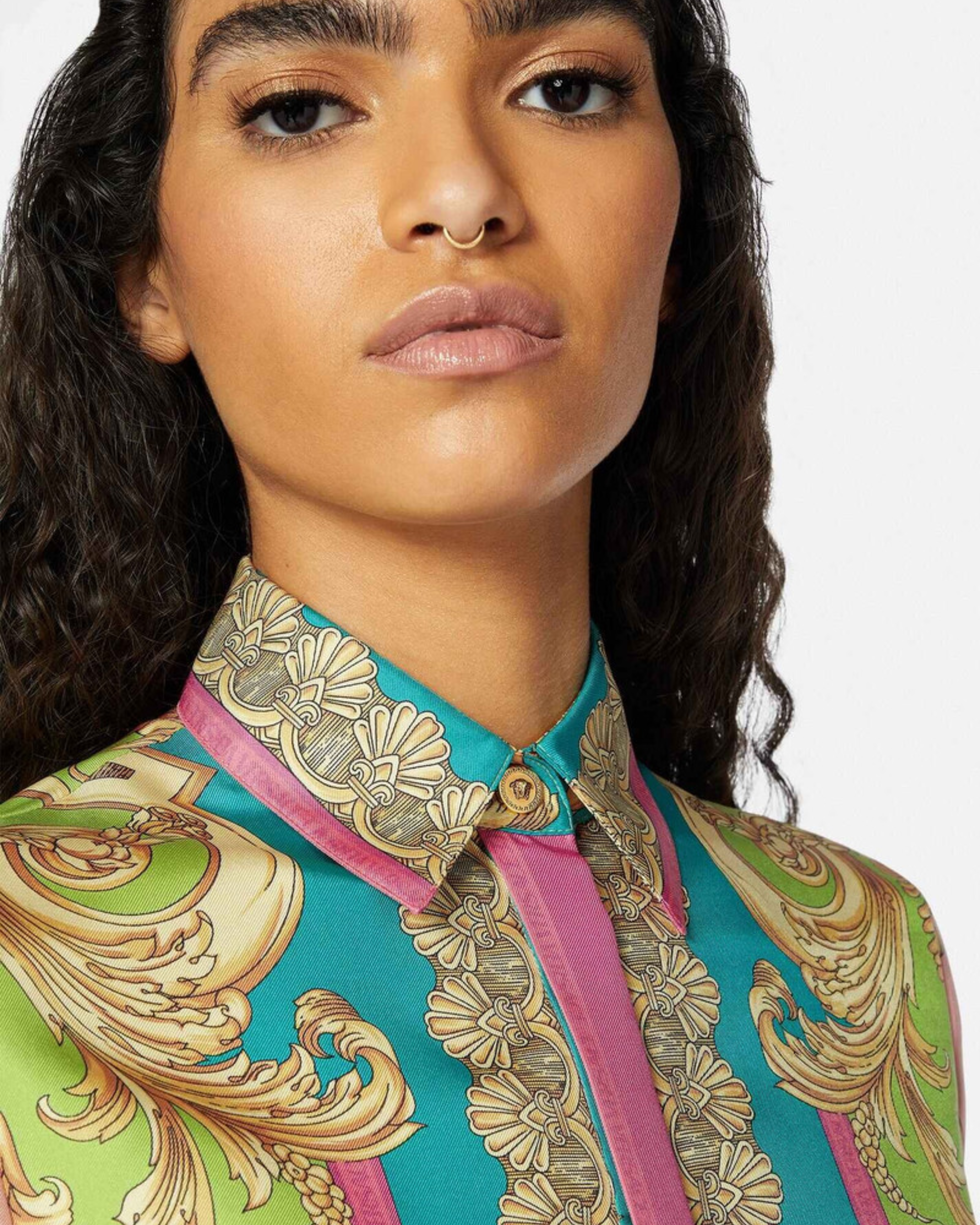 Woman wearing Barocco Goddess silk shirt in yellow with baroque print and colorful placket — Versace | Endless UAE