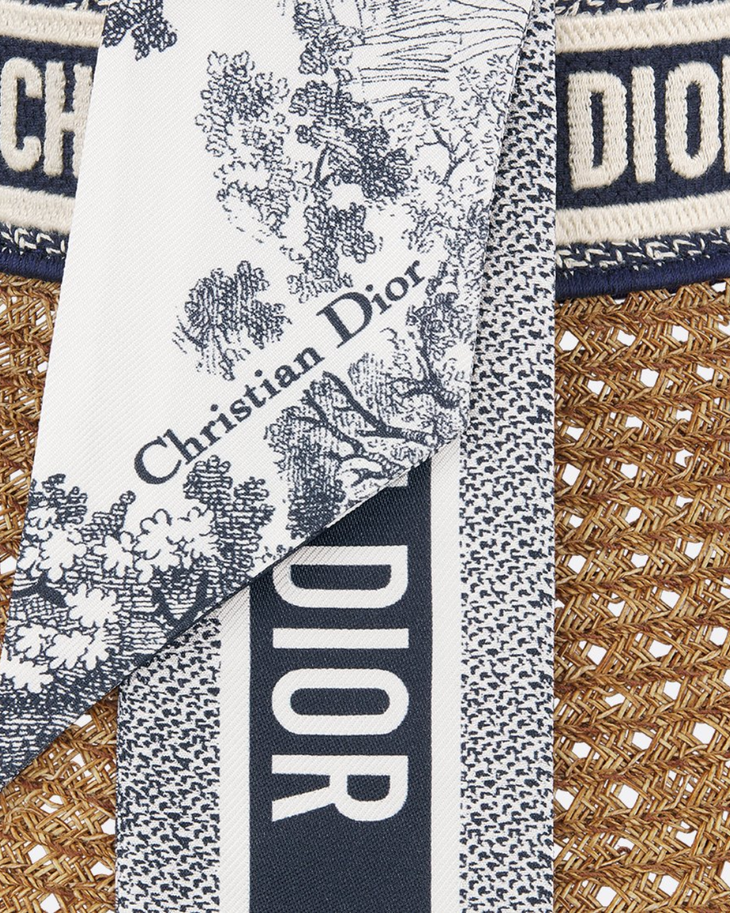 Tan woven visor with navy Christian Dior ribbon band and black toile scarf detail — Dior | Endless UAE