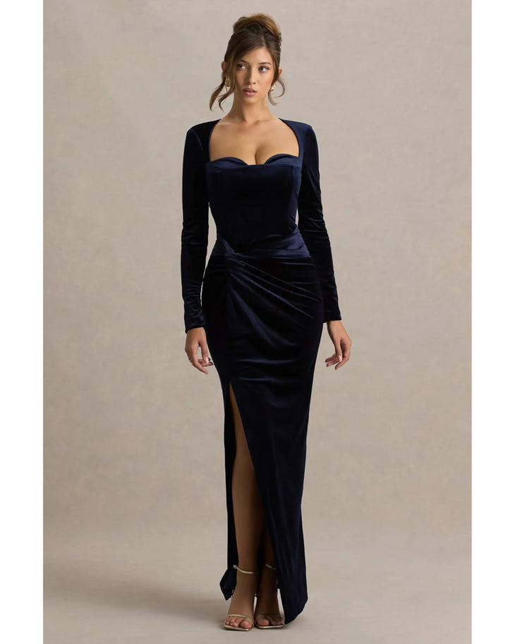Navy velvet corset maxi dress with long sleeves and side slit — Club L London | Endless UAE