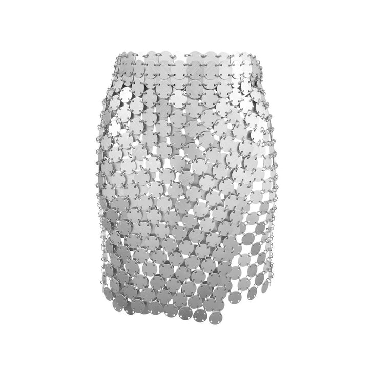 Silver sequin embellished skirt with mesh overlay detail worn on model — Isabel Moore | Endless UAE