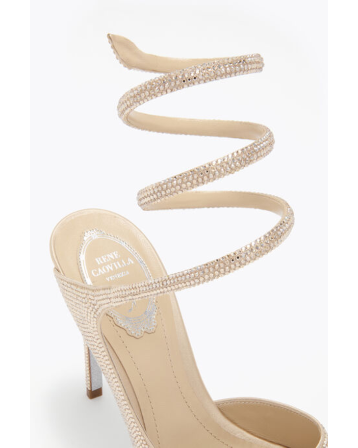 Elegant gold stiletto sandal with sparkling crystal-embellished spiral ankle strap and beige leather insole — René Caovilla | Endless UAE