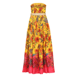 Yellow floral printed strapless linen midi dress with pink ombre hem and beaded belt — Zimmermann | Endless UAE