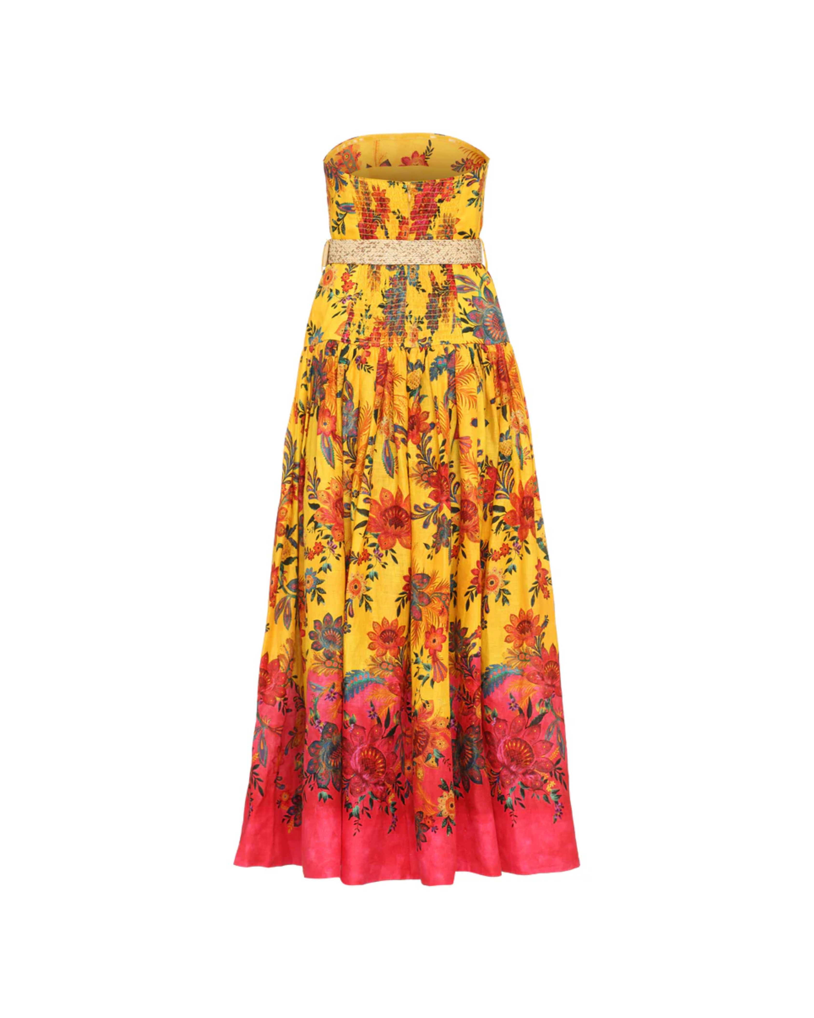 Yellow floral printed strapless linen midi dress with pink ombre hem and beaded belt — Zimmermann | Endless UAE